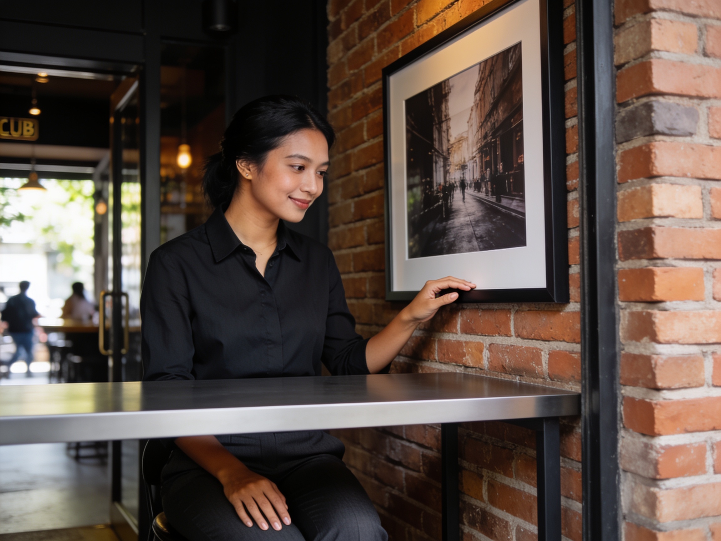Community member examining art wall display at the metro club nightlife scene entrance
